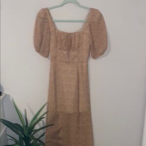 Tan Maxi Sundress with Puff Sleeves and Scoop Neck